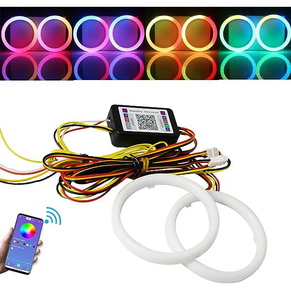 Universal 90MM Angel Eye RGB LED Headlight Rings – APP Control Color Changing DRL Lights (2 Pcs Set)