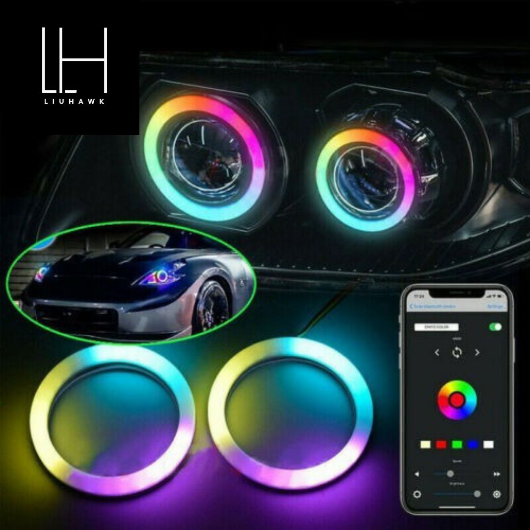 Universal 90MM Angel Eye RGB LED Headlight Rings – APP Control Color Changing DRL Lights (2 Pcs Set)