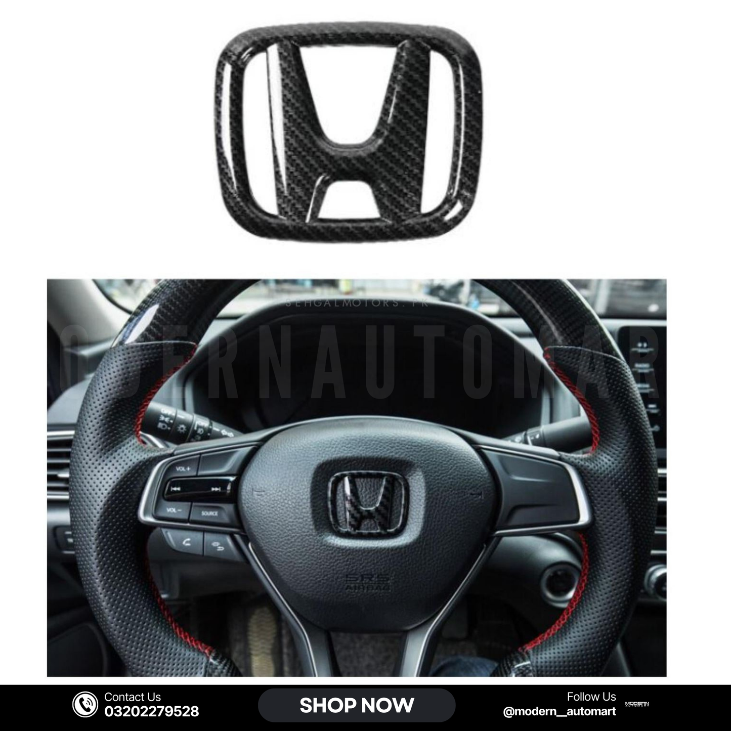 Honda Steering Wheel Logo Cover – Carbon Fiber Style Emblem