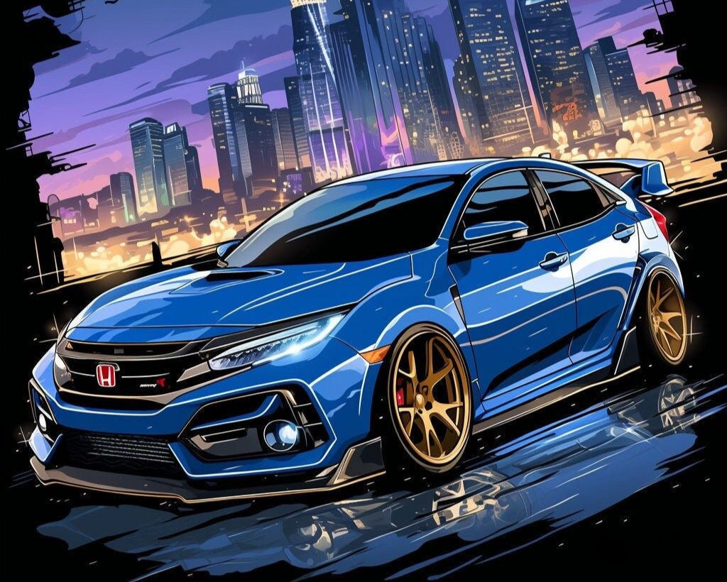 Blue sports car with gold rims on a cityscape background