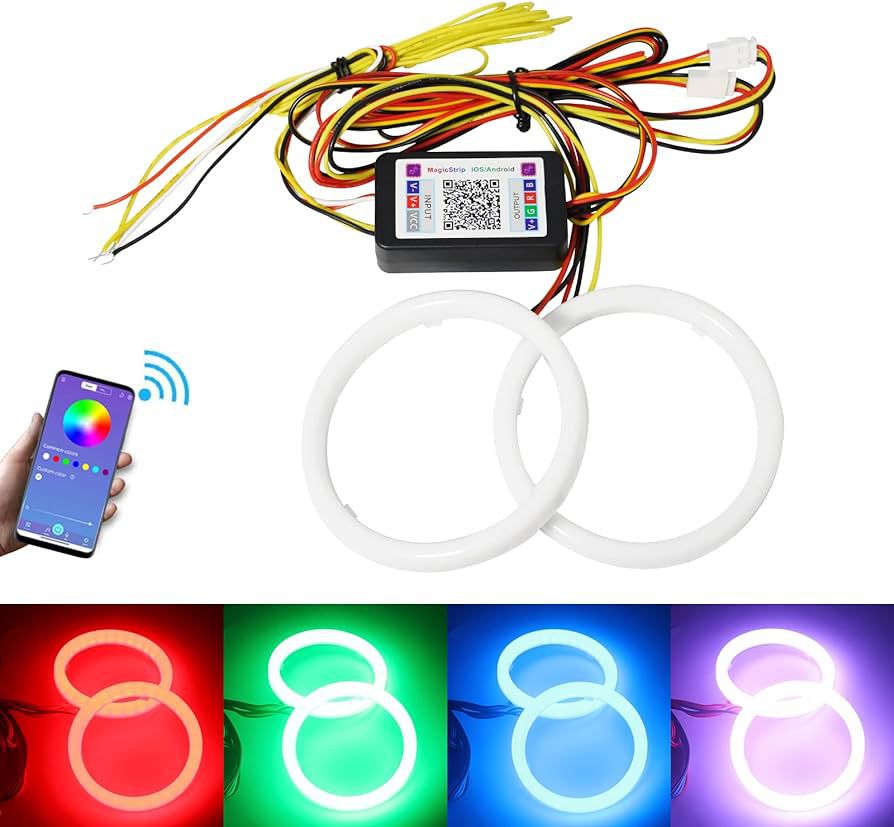 Universal 90MM Angel Eye RGB LED Headlight Rings – APP Control Color Changing DRL Lights (2 Pcs Set)