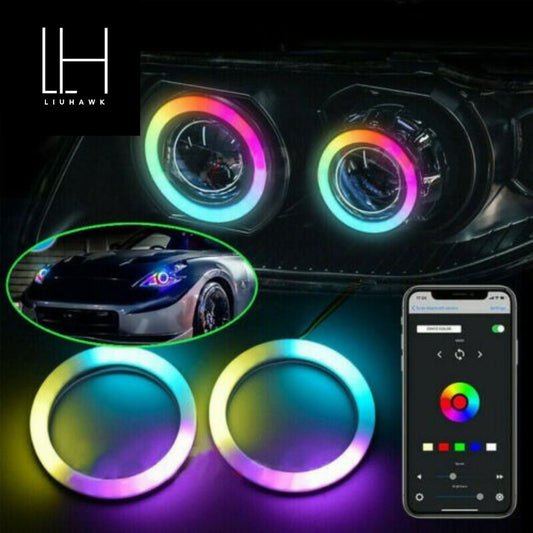 Universal 90MM Angel Eye RGB LED Headlight Rings – APP Control Color Changing DRL Lights (2 Pcs Set)