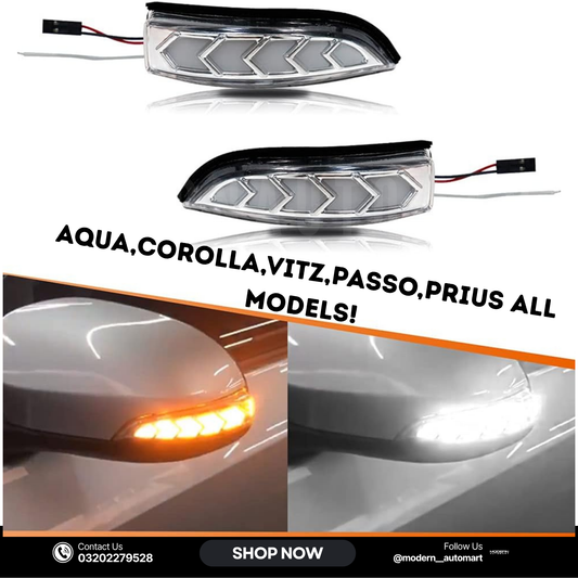 Sequential White-Amber LED Side Mirror Indicator Lights – Toyota Aqua, Passo, Vitz, Corolla (All Models)
