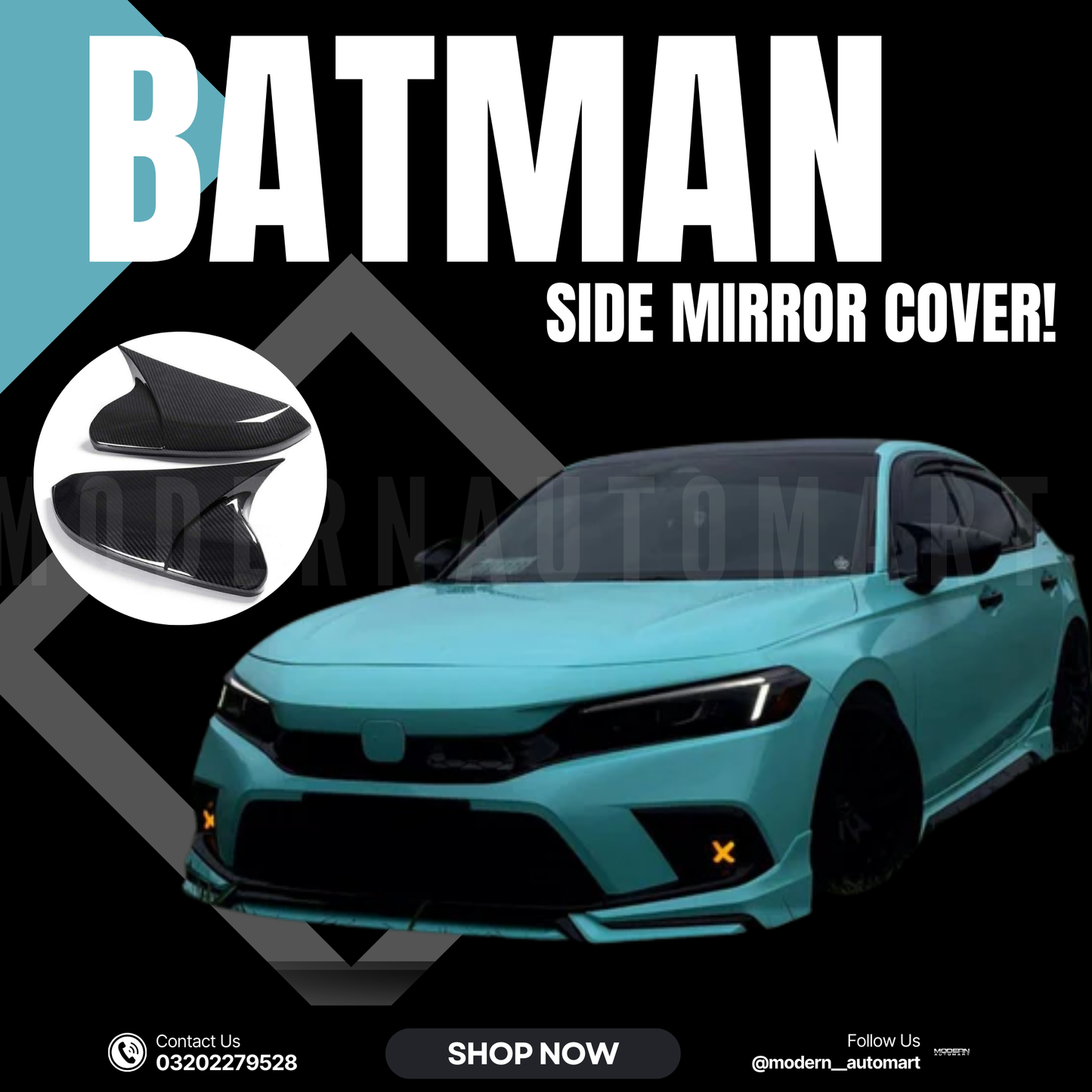 civic 11 gen carbon fiber batman side mirror cover-fits on 2022-2025