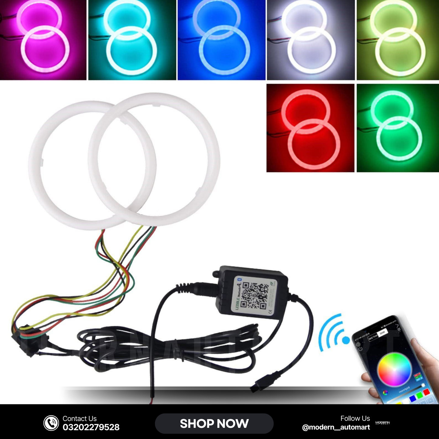 Universal 90MM Angel Eye RGB LED Headlight Rings – APP Control Color Changing DRL Lights (2 Pcs Set)